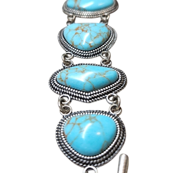 VTG Turquoise Bracelet Faux Cabochan Silver Toggle Concho Style 8" Southwestern - Picture 6 of 10